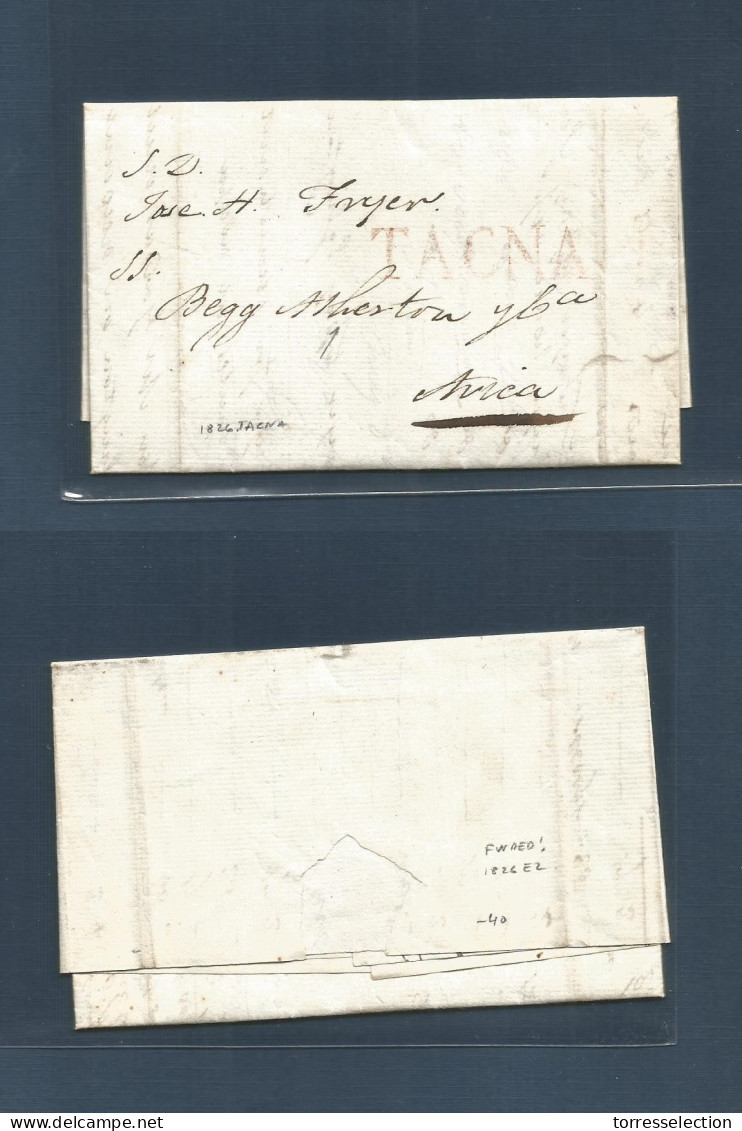 PERU. 1826 (12 Jan) Tacna - Arica. EL Full Text, Red Stline "TACNA" With Forwarding Agent On Front. "Begg Atherston / Af - Pérou