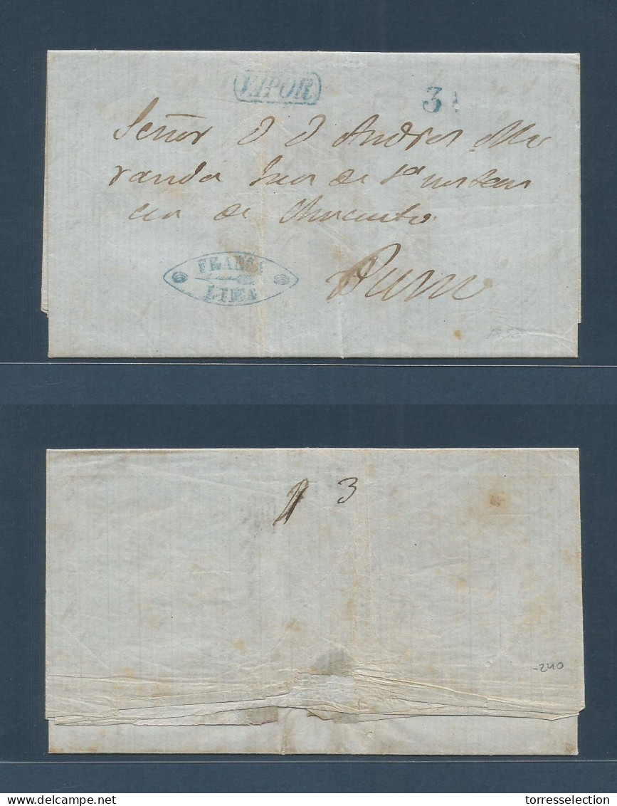 PERU. 1853 (3 Oct) Lima - Puno. EL Full Text, Oval Blue "Franco Lima" + "Vapor" + 3 1/2 Rs Charge. VF Item. - Pérou