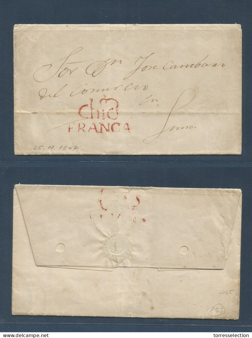 PERU. 1847 (23 Nov) Chiclayo - Lima. EL Full Text Red Doble Line "Chicl / FRANCA" Cachet (xxx) Fine + Scarce. - Pérou