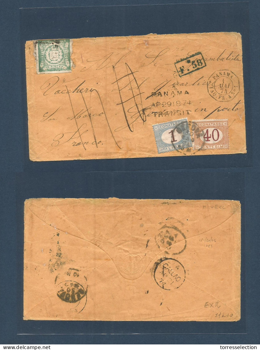 PERU. 1874 (21 Apr) Callao - Italy, Genova (30 May) Fkd 1 Dinero Green Envelope, Camed Via BPO Panama (29 April) Where T - Pérou