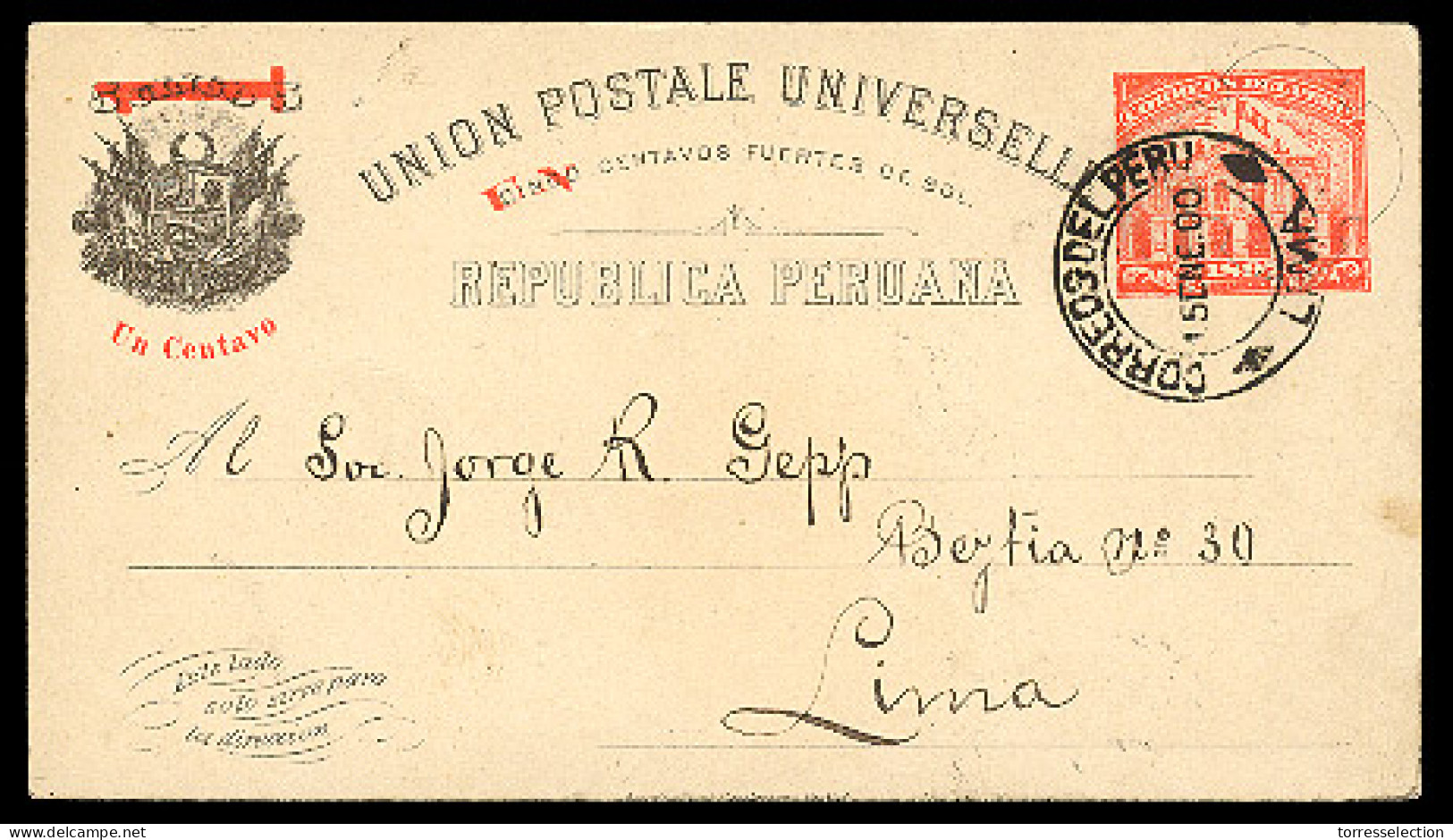 PERU. 1900. Lima Local Stat Card Usage. XF. - Peru