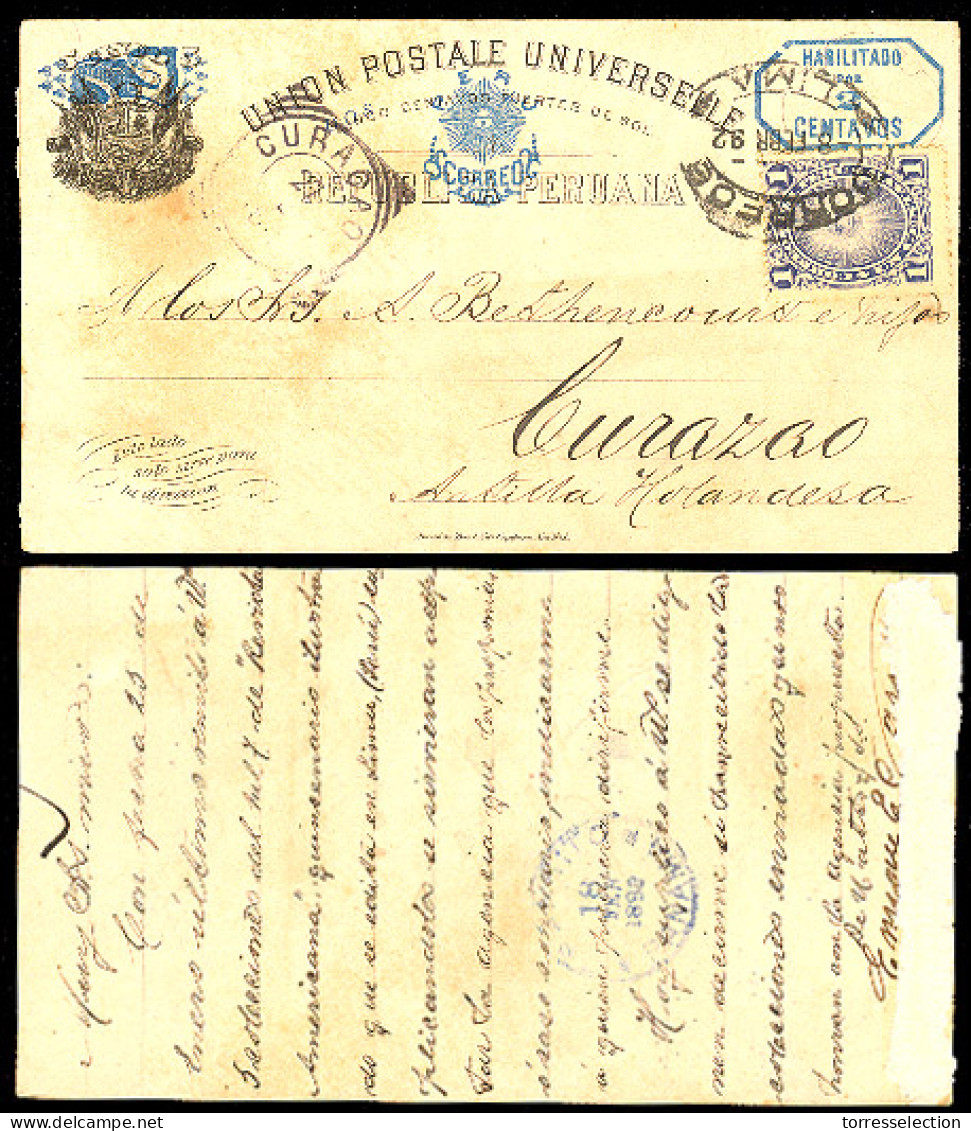 PERU. 1892. Lima - Curaçao. Stat Card + Adtl. Scarce Destination Mail Arrival Cds On Front. Via Bl. Panama Cds. - Peru