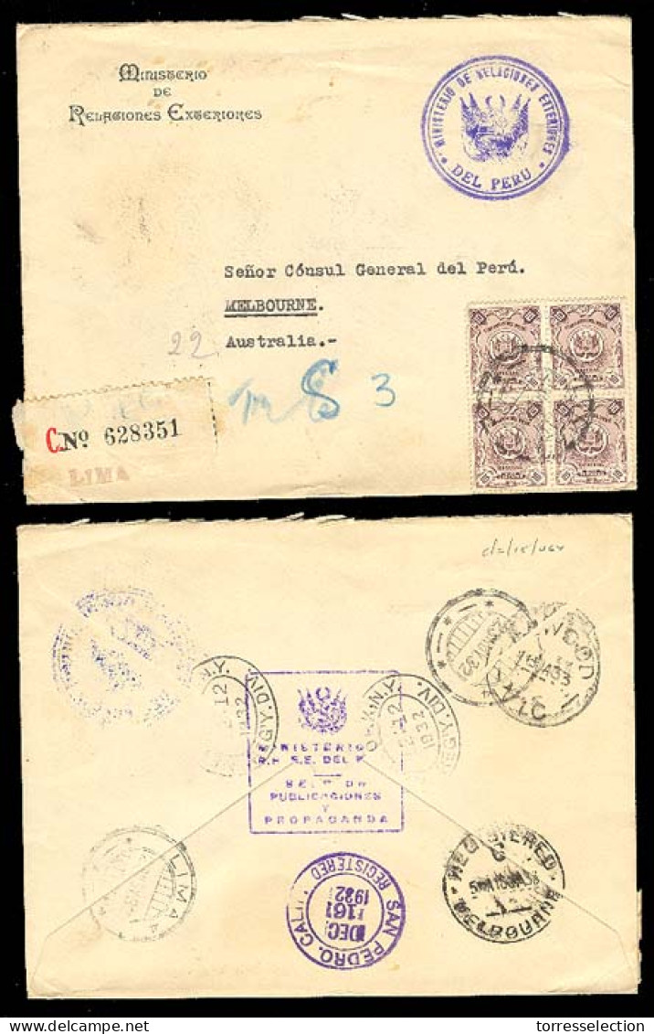 PERU. 1932.LIMA-AUSTRALIA.Registered Frkd.oficial Mail.Scarce Dest. - Peru