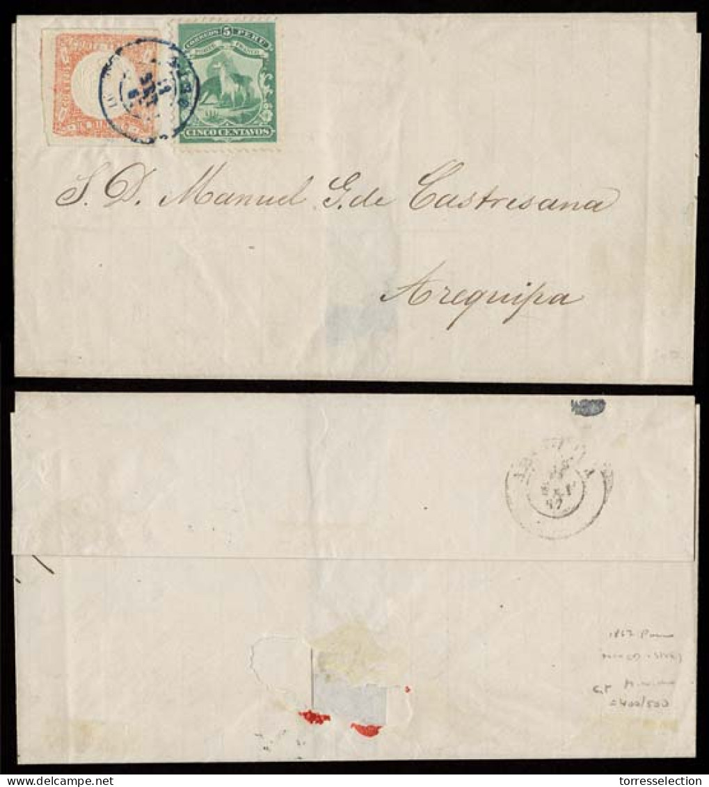 PERU. 1867 (sept). Puno - Arequipa. Dated Docketed Lettersheet, Frnkd 1 Dinero Imperf Rose Embossed Good Margins And Per - Peru