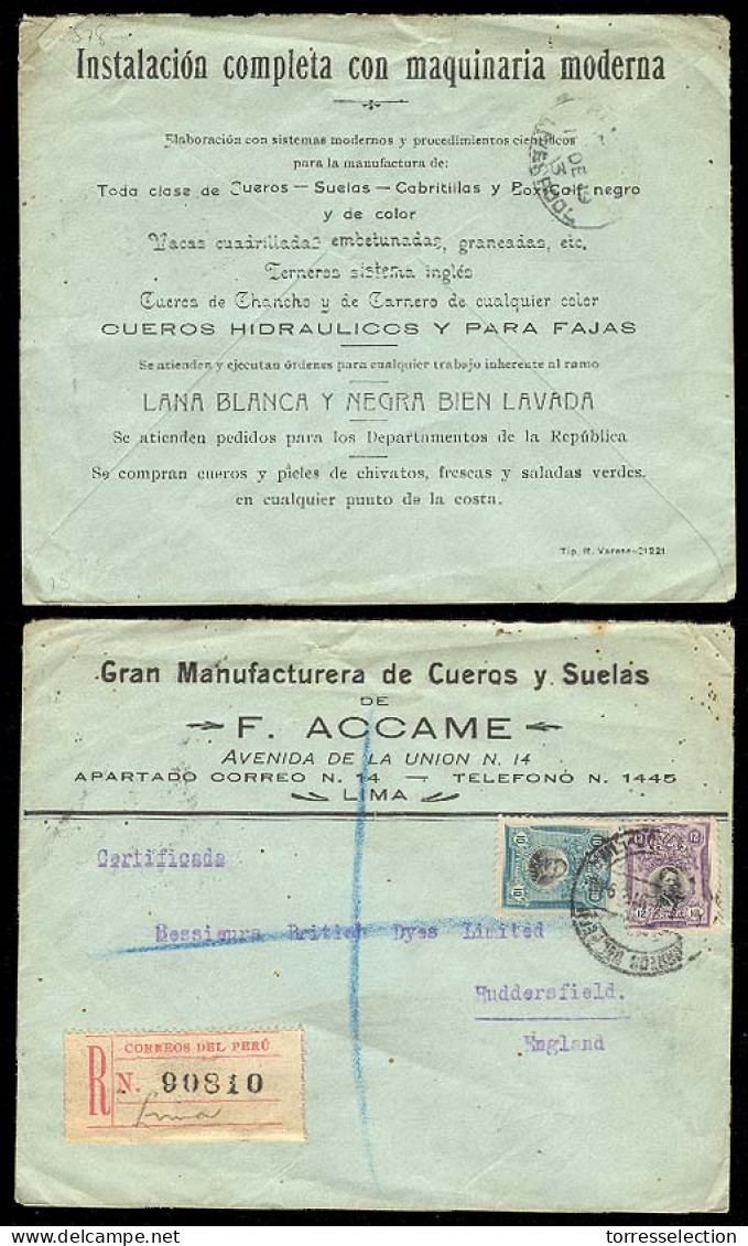 PERU. 1919. Lima / UK. Registered Frkd, Lustrated Env. - Peru