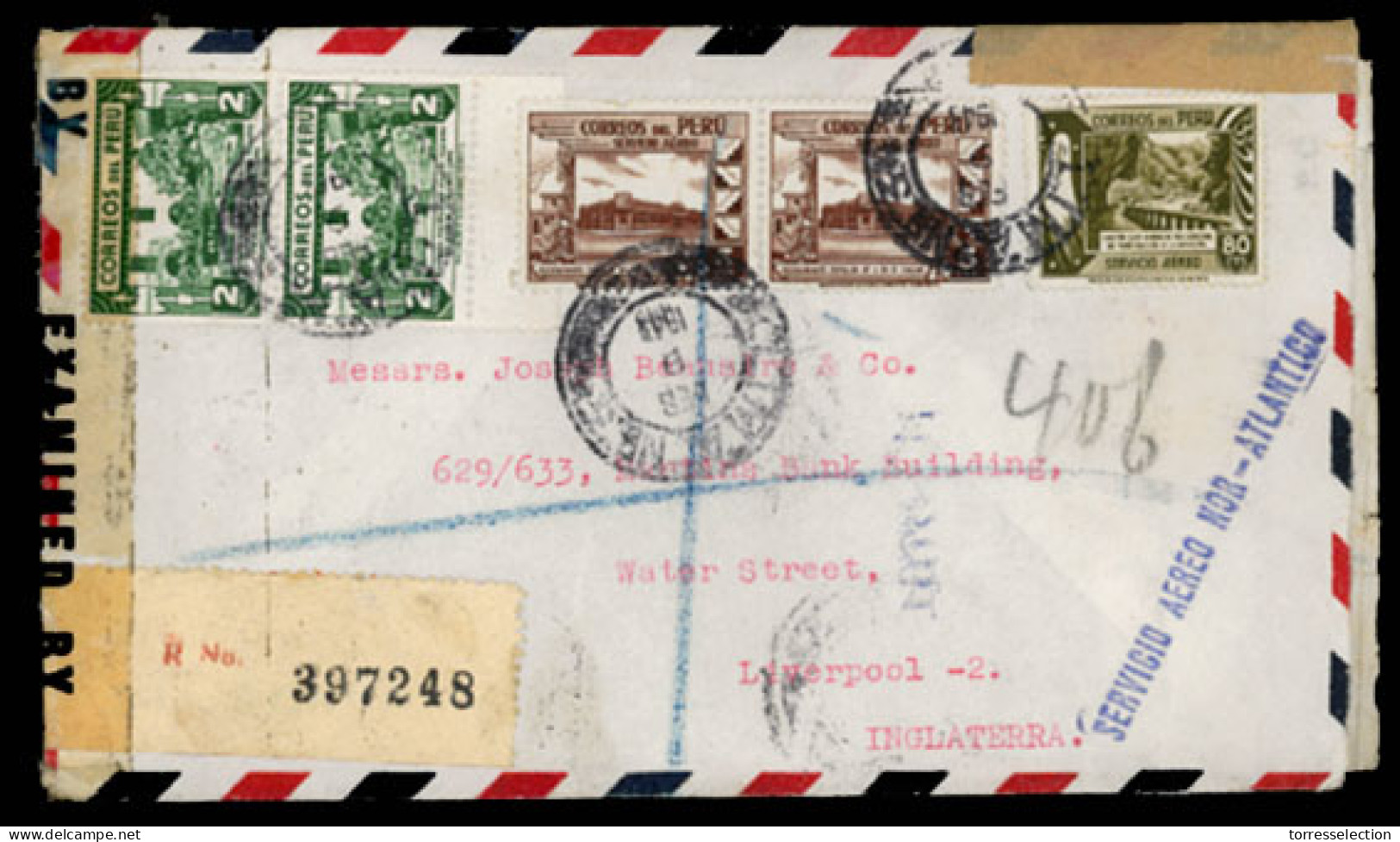 PERU. 1943. WW II. Lima To England. Reg.frkd.env. Airmail-North Atlantic (nice Mark). 2 Censorship Labels. VF. - Peru