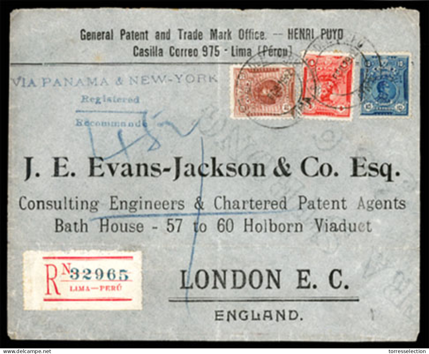 PERU. 1912. Lima To England. Registered Franked Env. Via Panama-NY. - Peru