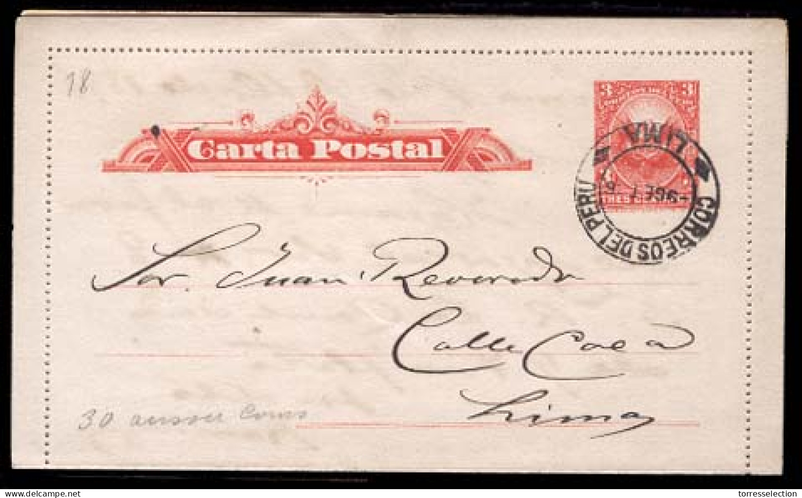 PERU. 1896 (9 Sept). Lima/ Local Usage. 3c Red Carta Postal Con Message. XF. - Peru