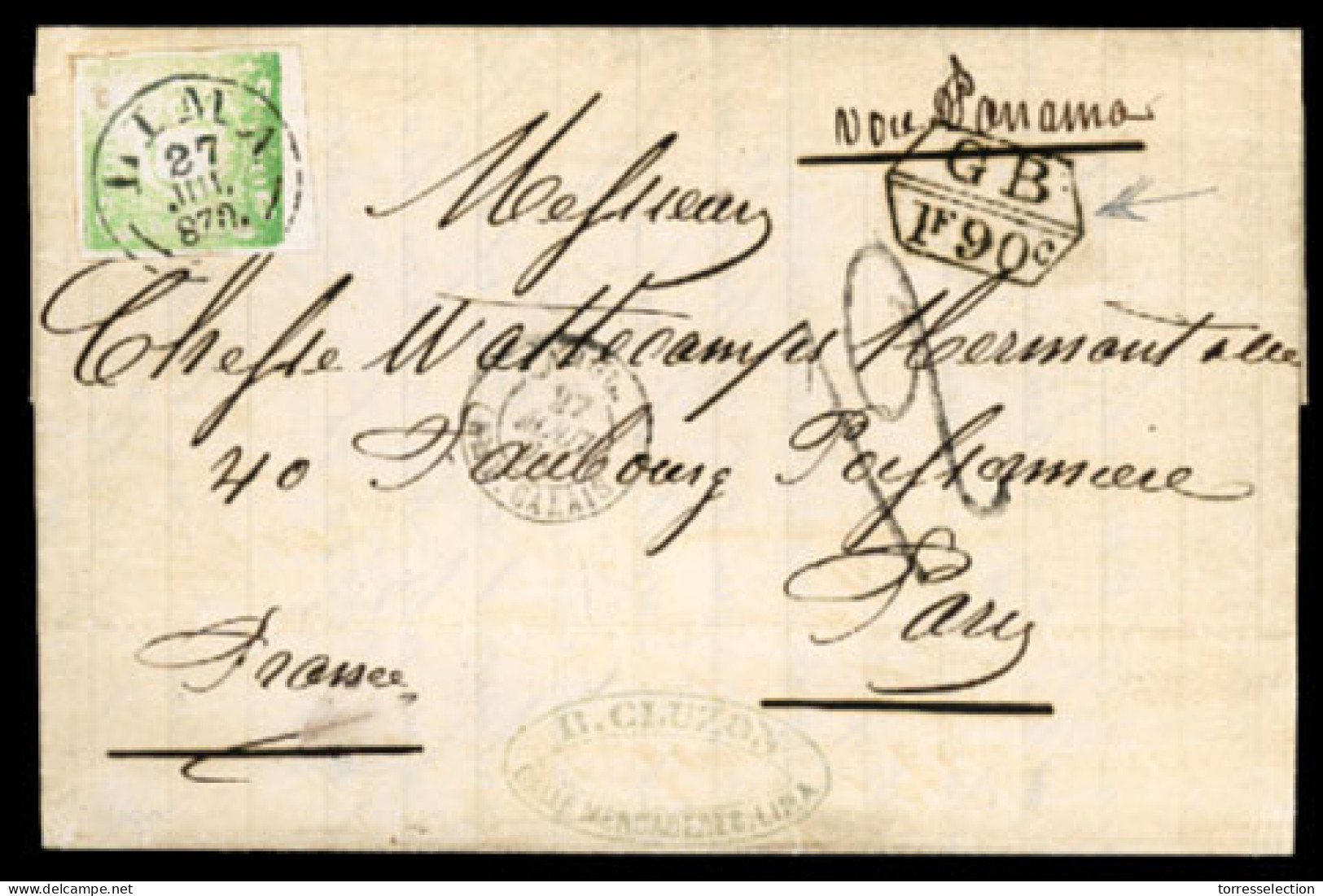 PERU. 1870(July 27th). Entire Letter To France Franked By 1868 1d Green Tied By Lima Cds In Blue. Via Briitish PO At Cal - Peru