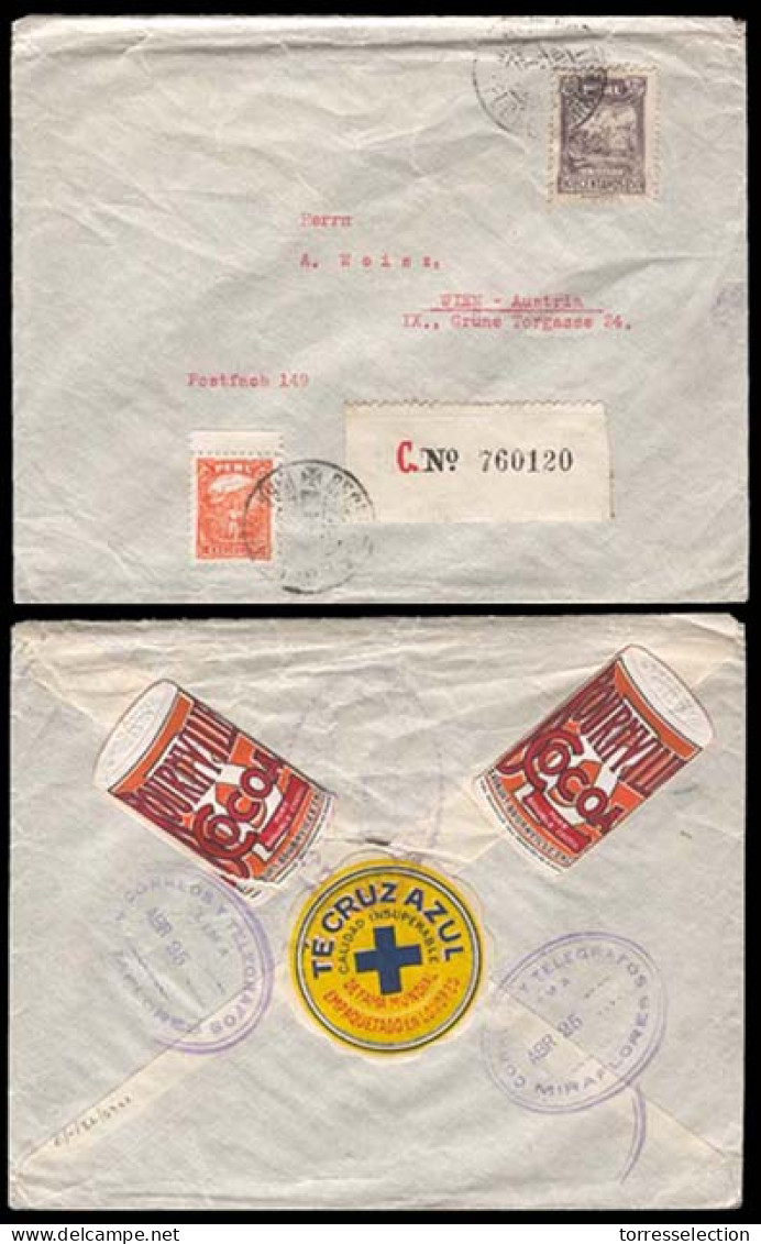 PERU. 1932 (PERU - AUSTRIA - TEA + COCOA Advertising. Miraflores To Wien / Austria. Registered Envelope + Tied Multicolo - Peru