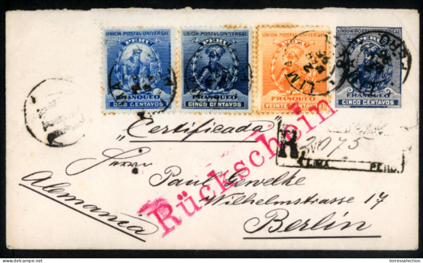 PERU. 1896 (2 March). PERU - GERMANY.  Lima To Germany ( 3 April). Registered 5c.blue Stationery Envelope + 3 Adtl. (Sc. - Peru