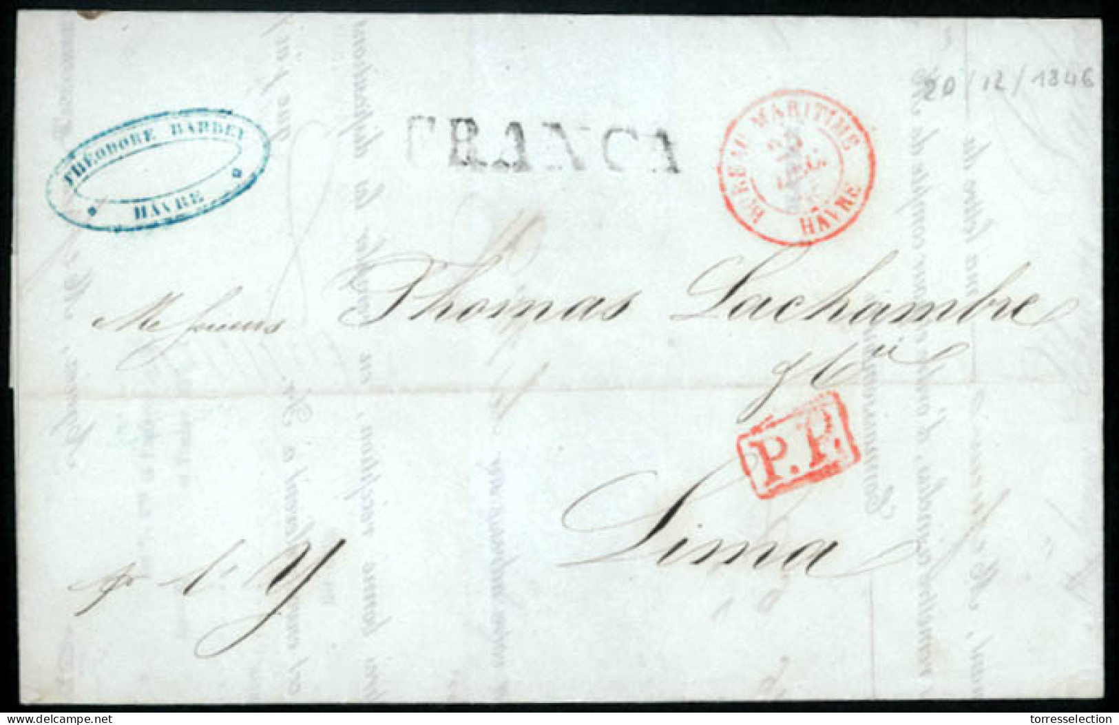 PERU. 1846 (20 Dec.). PERU - INCOMING MARITIME MAIL. France To Lima / Peru. E.with Red "BM/Havre Cds + PP", And Arrival  - Peru