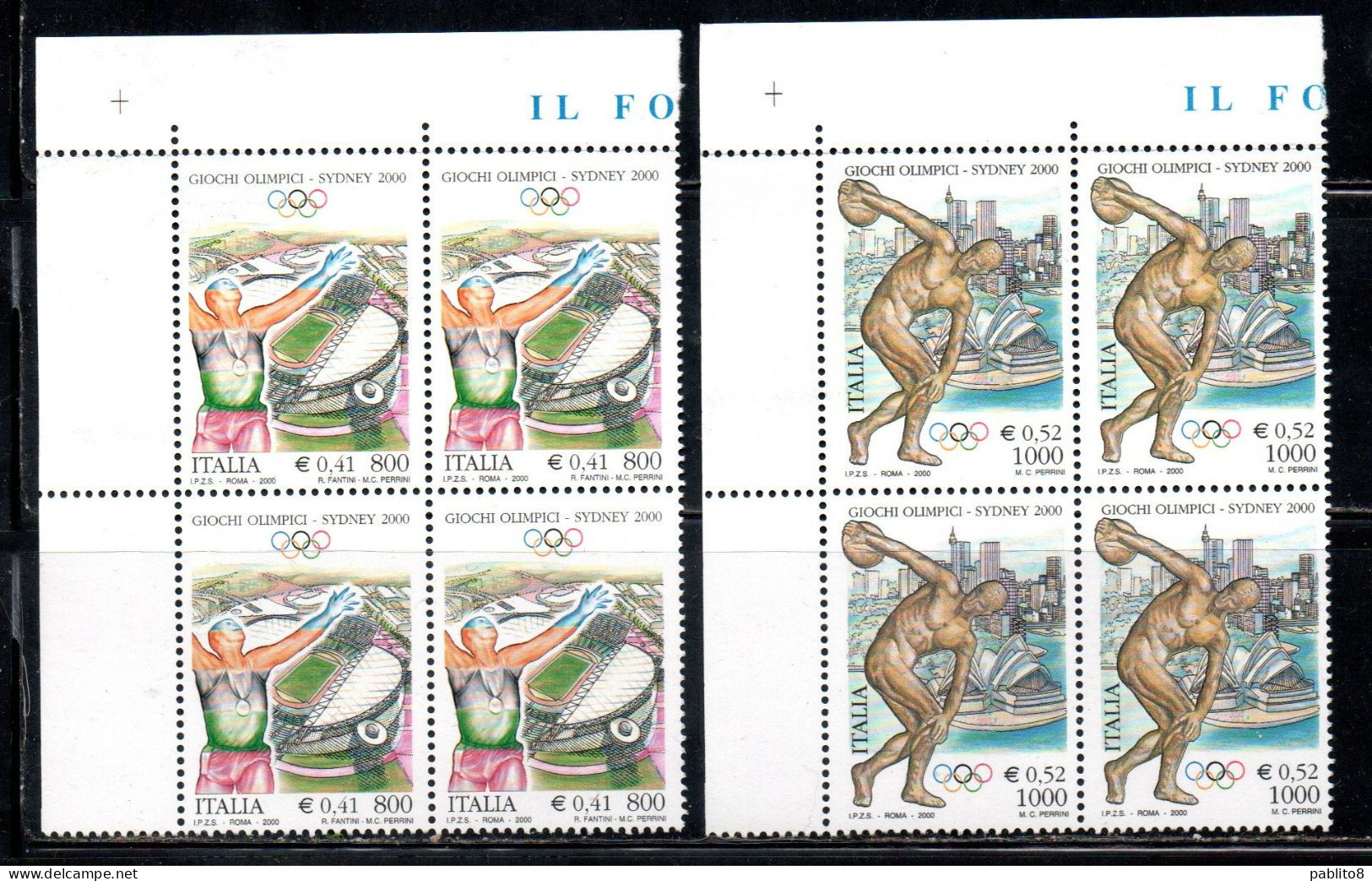 ITALIA REPUBBLICA ITALY REPUBLIC 2000 GIOCHI OLIMPICI SIDNEY OLYMPIC GAMES SYDNEY SERIE COMPLETA QUARTINA ANGOLO SET MNH - 1991-00: Neufs