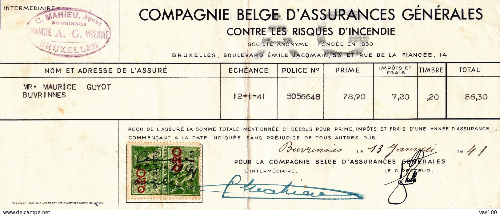 COMPAGNIE BELGE D'ASSURANCES GENERALES CONTRE LES RISQUES D'INCENDIE 1941 BELGIUM - Dokumente