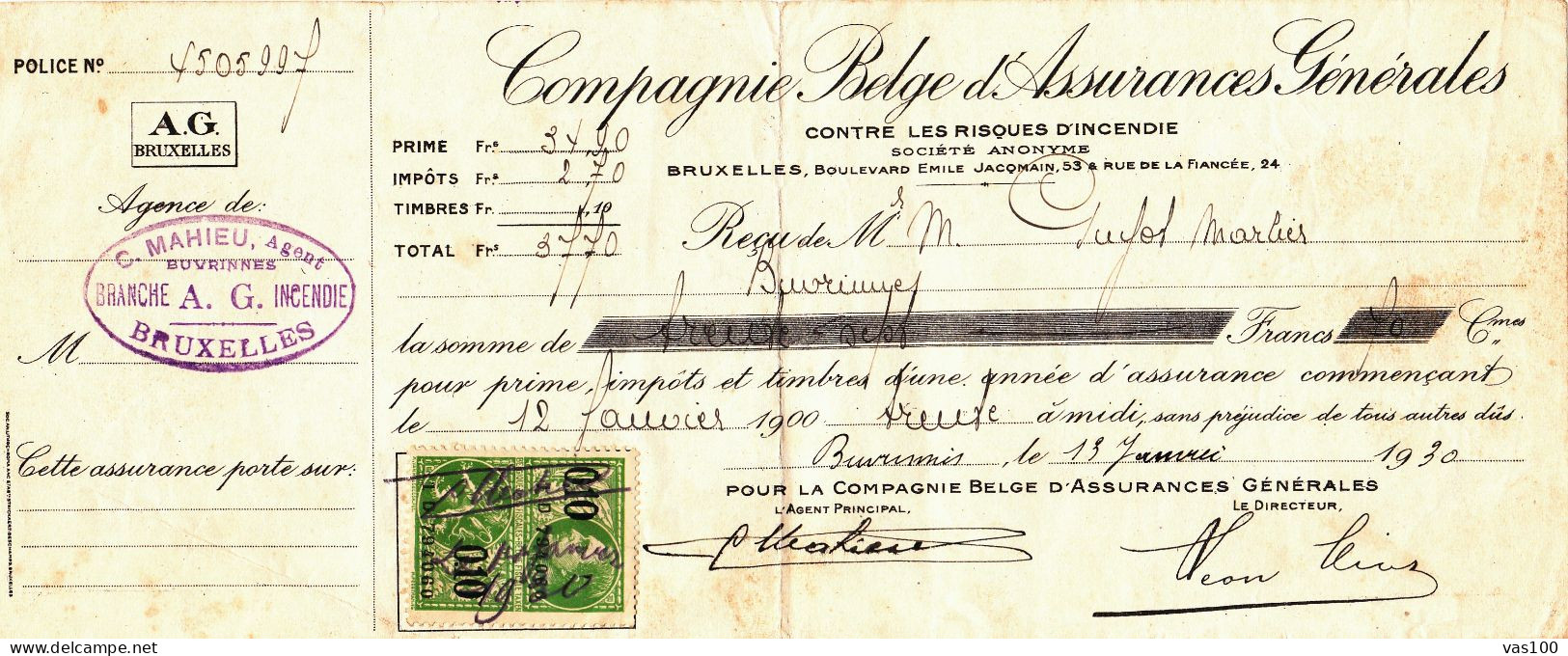 COMPAGNIE BELGE D'ASSURANCES GENERALES CONTRE LES RISQUES D'INCENDIE 1930 BELGIUM - Documentos