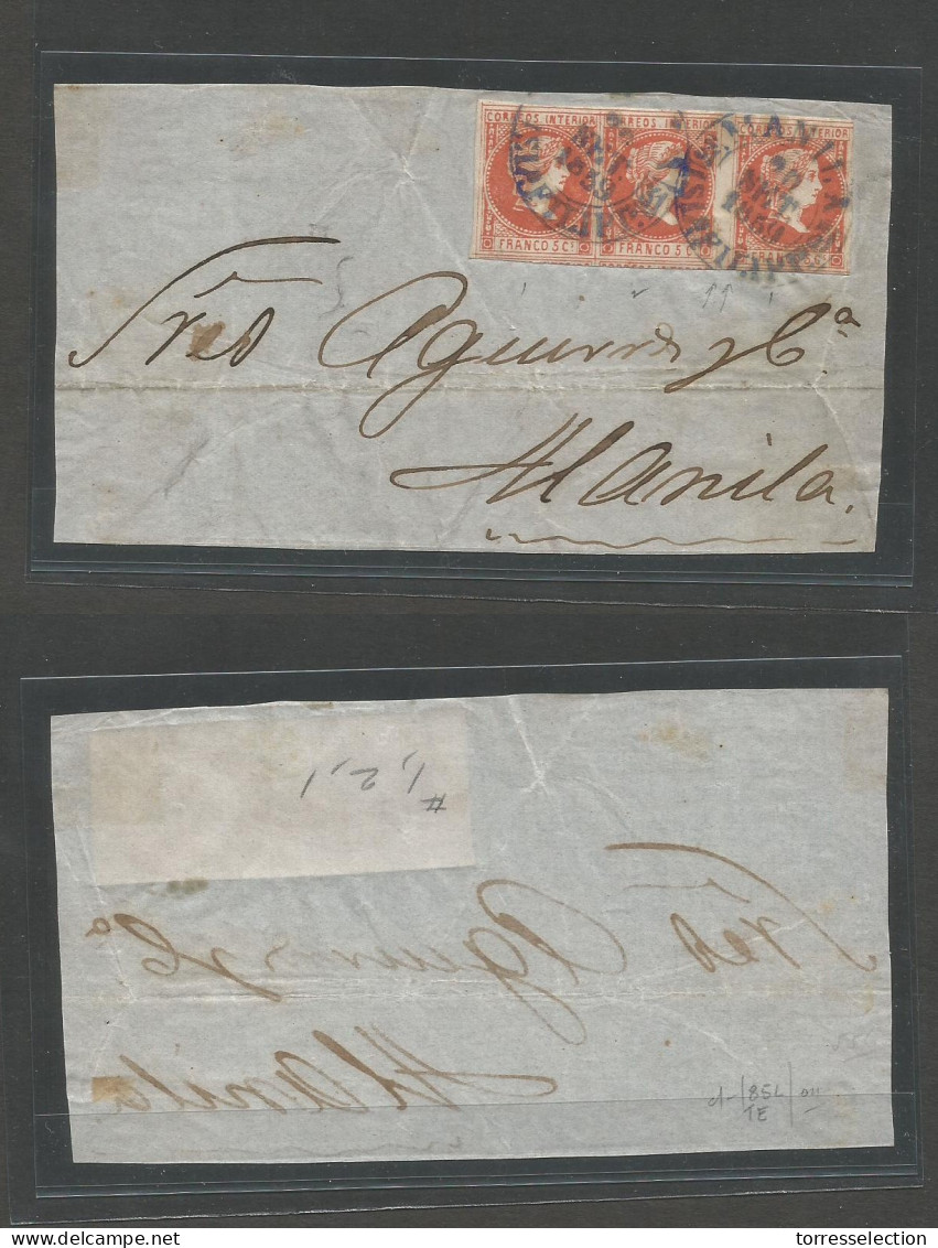 PHILIPPINES. 1859 (20 Sept) Manila Local Multifkd Letter Front Bearing 5c Vermelion Strip Of Three Full Margin, Blue Cds - Philippinen