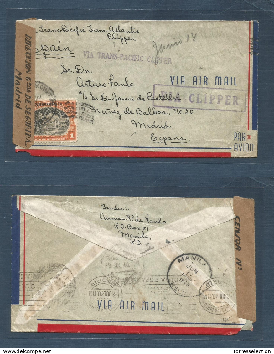 PHILIPPINES. 1940 (20 Junio) Manila - Spain, Madrid (8 July) Air Transpacific Clipper Single Fkd Envelope With Arrival   - Philippines