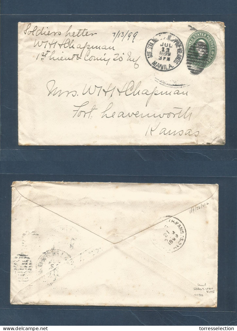 PHILIPPINES. 1899 (13 July) Manila - USA, Kansas, Fort Heavenworth. US Soldier Letter 1c Green Stat Env. Militar Sta Nº1 - Philippinen