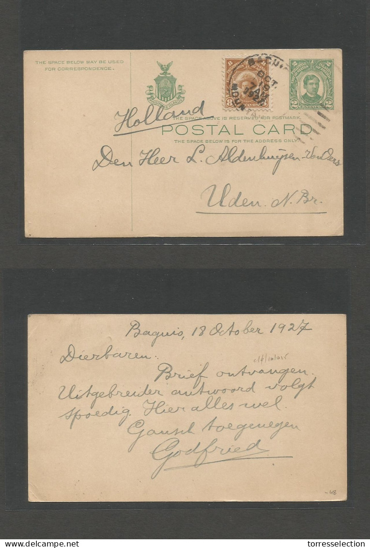 PHILIPPINES. 1927 (18 Oct) Baguio - Netherlands, Uden N. BR. 2c Green Stat Card + 8c Adtl, Cds. Fine. - Philippinen