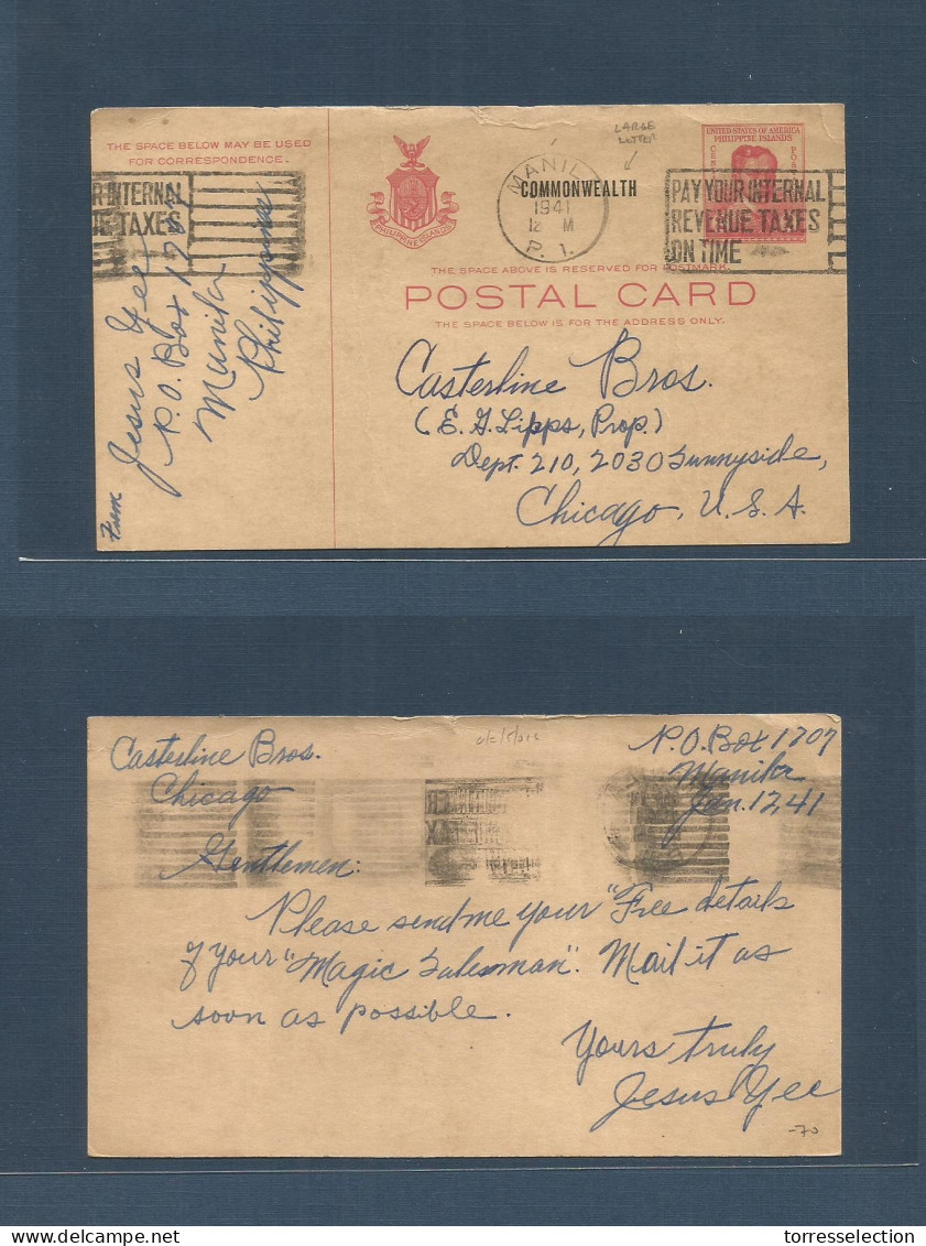 PHILIPPINES. 1941 (12 Jan) Manila - USA, Chicago, Ill. Large Letters Type "Commonwealth" Ovptd Stationary. Slogan Cachet - Philippines