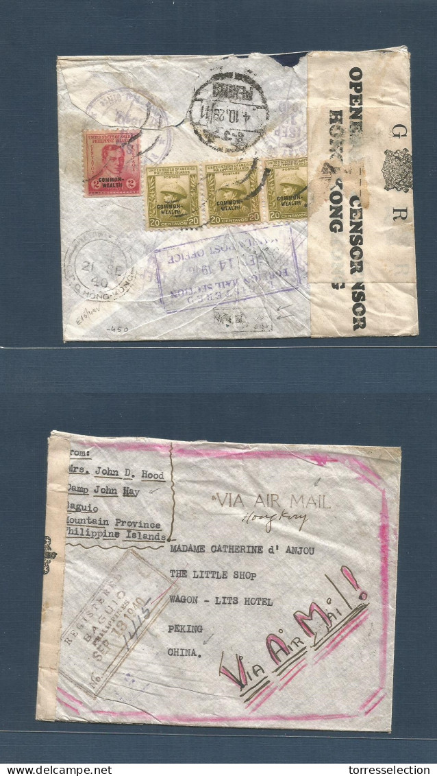 PHILIPPINES. 1940 (13 Sept) Baguio, Camp JohnHay - China, Peking. Registered Revrese Multifkd Via Air Via Hong Kong (21  - Philippinen