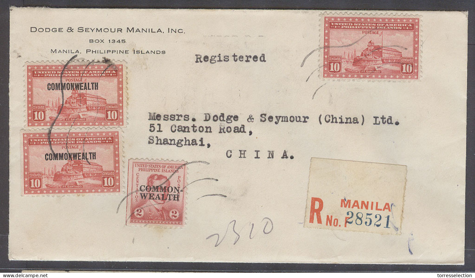 PHILIPPINES. 1939 (23 Feb). Manila - China, Shangahi (28 Feb). Reg Multifkd Env Comm Issue. VF Arrival. - Philippines