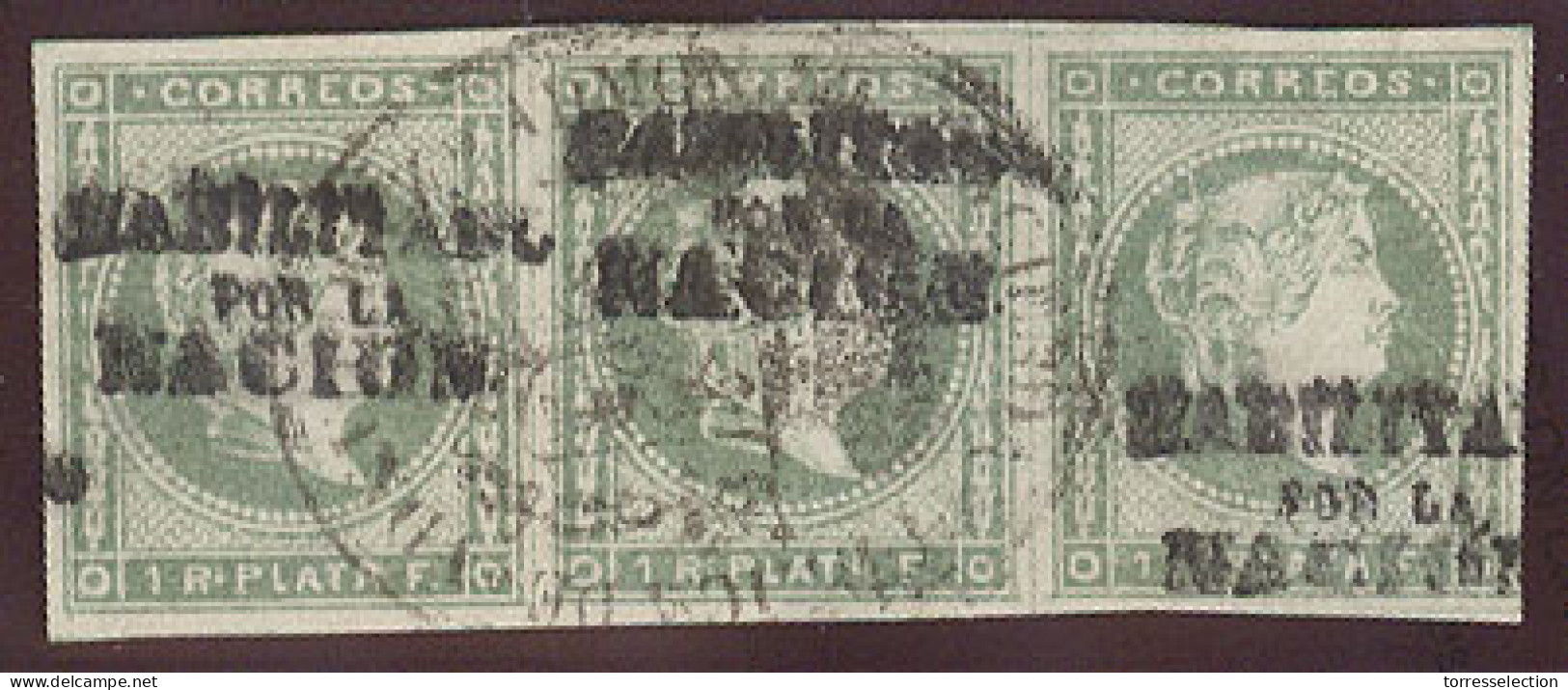 PHILIPPINES. C.1870-1. HPN Ed 20Lº (x3). 1 Real Verde Esmeralda. Tira Horizontal De Tres Buenos Margenes, Mat Juzgado De - Philippines