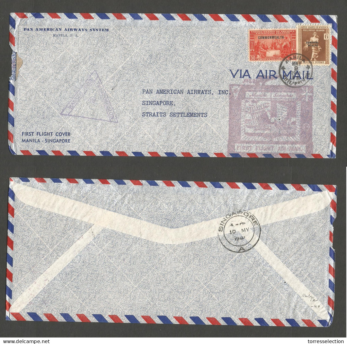 PHILIPPINES. 1941 (9 May) Manila - Singapore. Air First Flight Multifkd Envelpe + Sing Censor Cachet. - Philippines