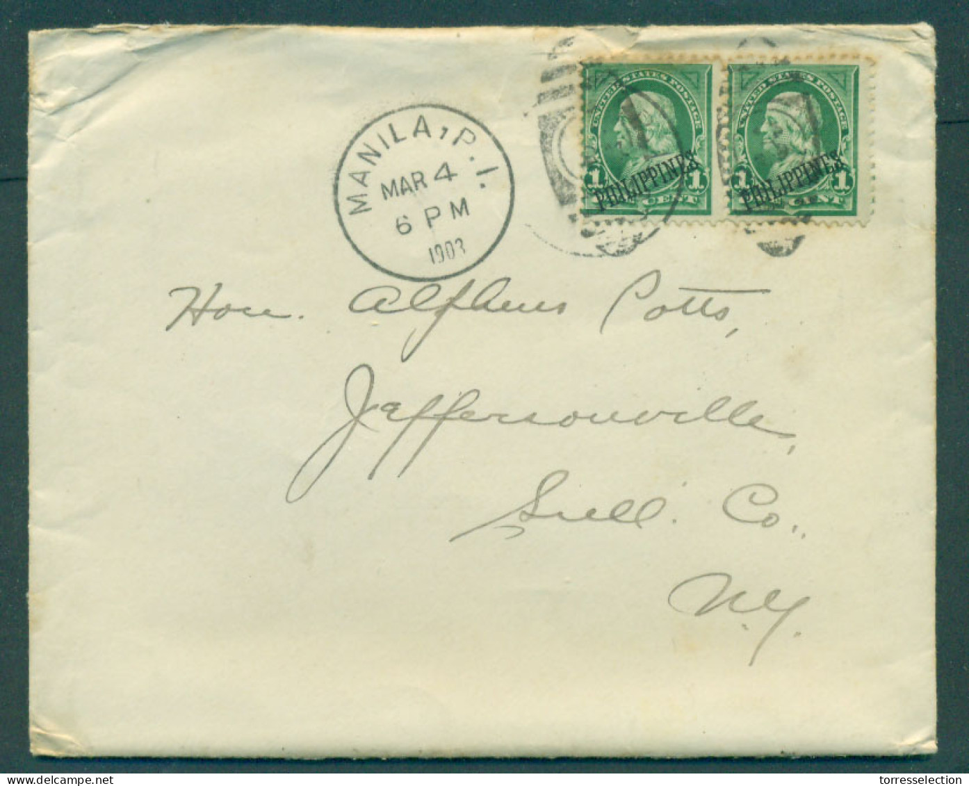 PHILIPPINES. 1903 (4 MArch). Manila - USA, NY 2cts Rate Fkd Env 1c Green Pair Ovptd Issue. VF. - Philippines