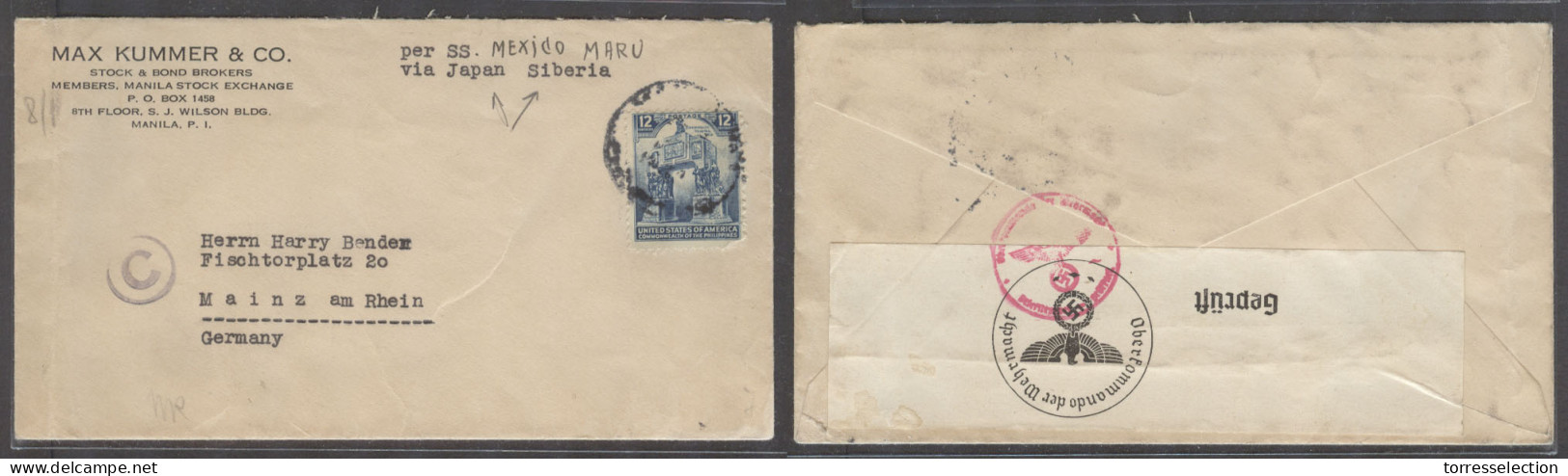 PHILIPPINES. 1940. Manila - Germany. Fkd 12c Env Via Japanese Steamer - Siberia Airmail With Nazi Censor Label On Revers - Filipinas