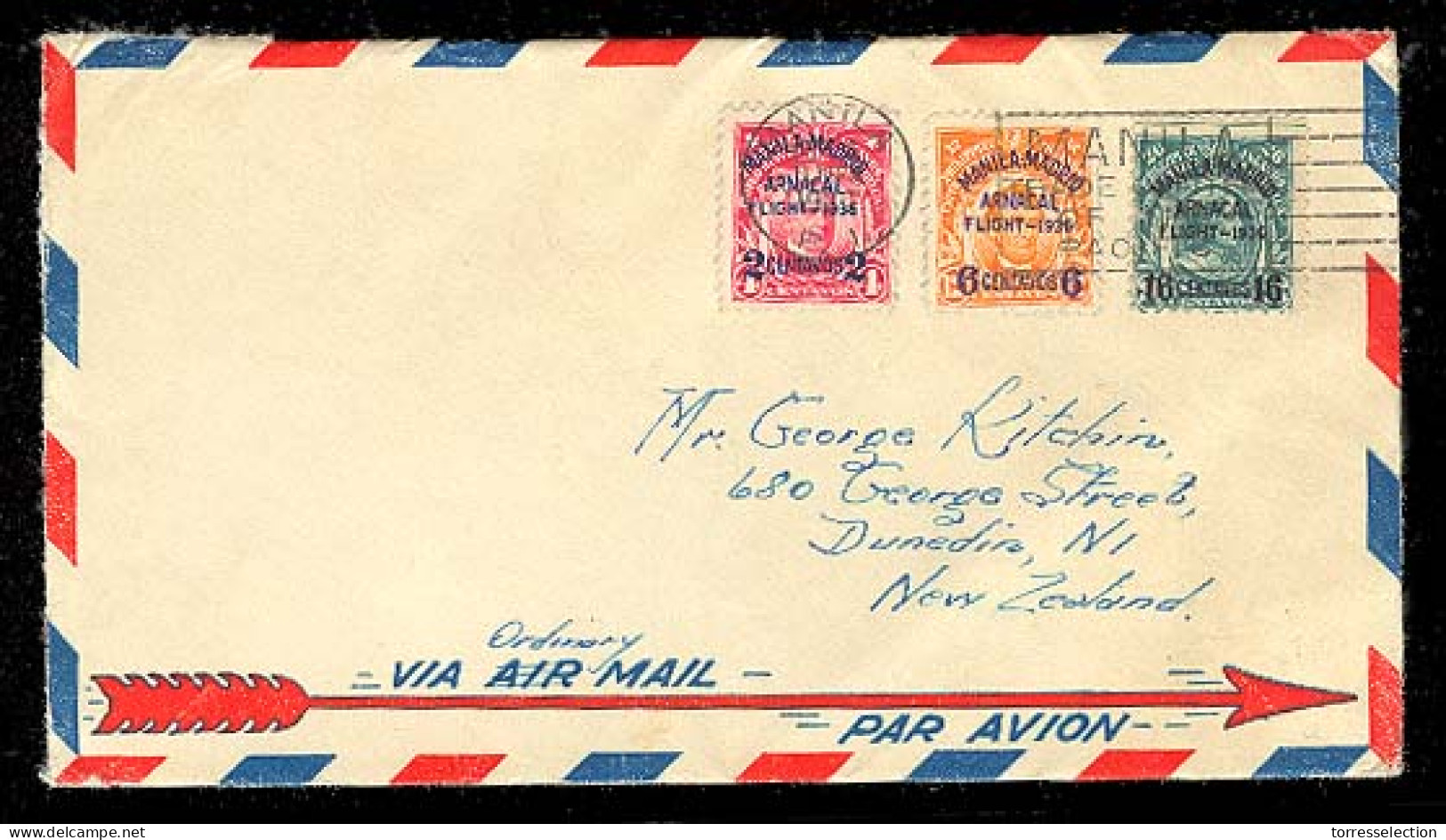 PHILIPPINES. 1936. PHIILIPPINES-NEW ZEALAND. Manila To New Zealand. Franked Envelope Manila-Madrid-Arnacas Flight. - Filipinas