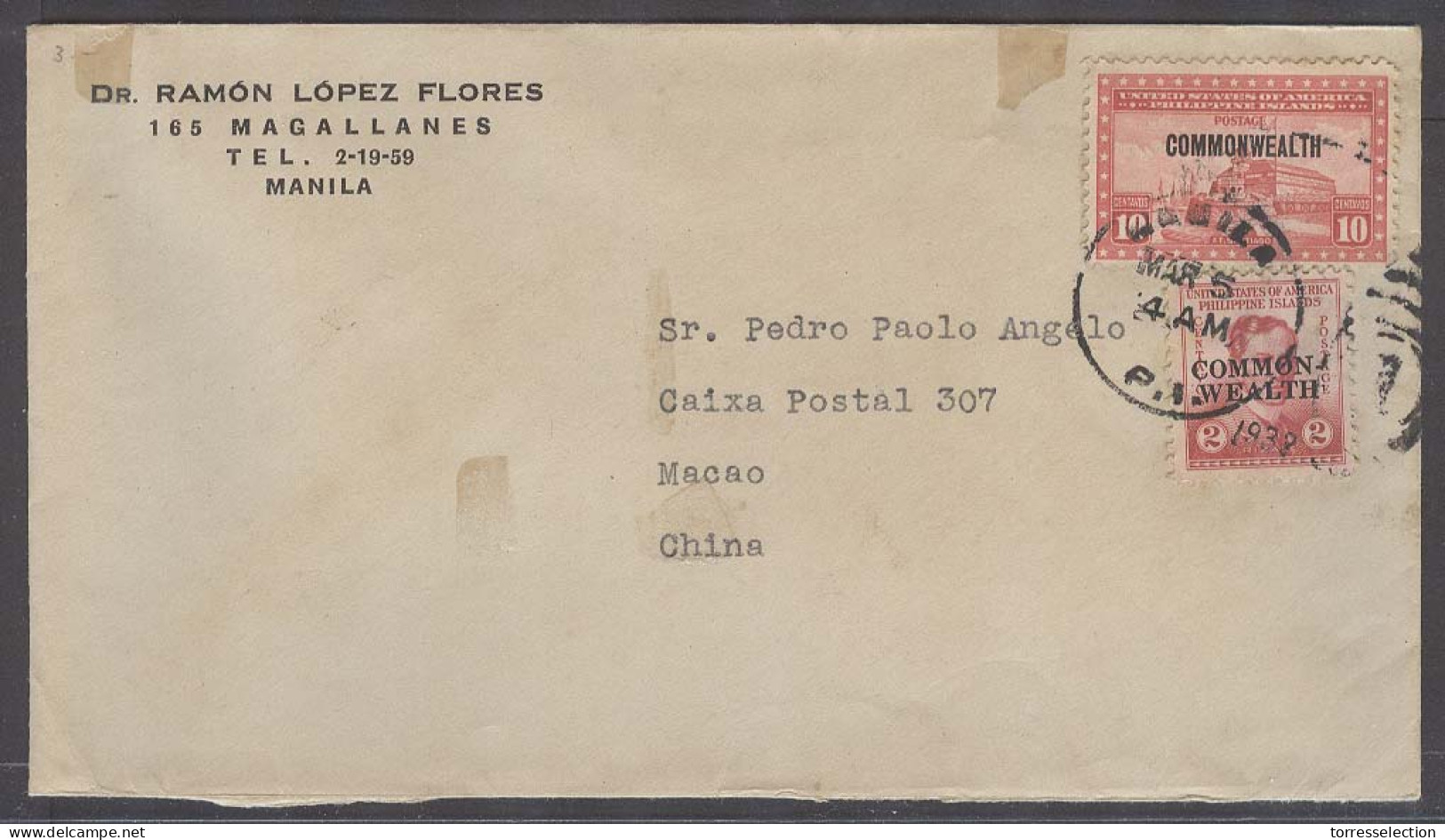 PHILIPPINES. 1938 (5 March). Manila - Macao, China (9 MArch). Via HK Comm Fkd Env Better Dest Arrival Cachet. VF. - Filipinas