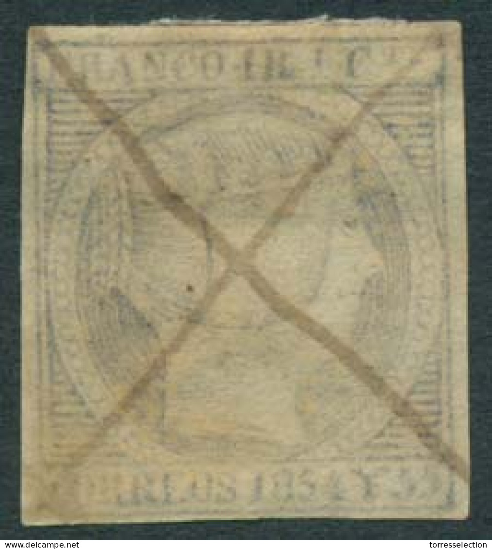 PHILIPPINES. 1854. Ed 3b*. 1 Real Azul Ris. Full Margins Pen Cross Cancelled Faultless. Ed 2009. 300 Euros. Nice Stamp. - Filipinas