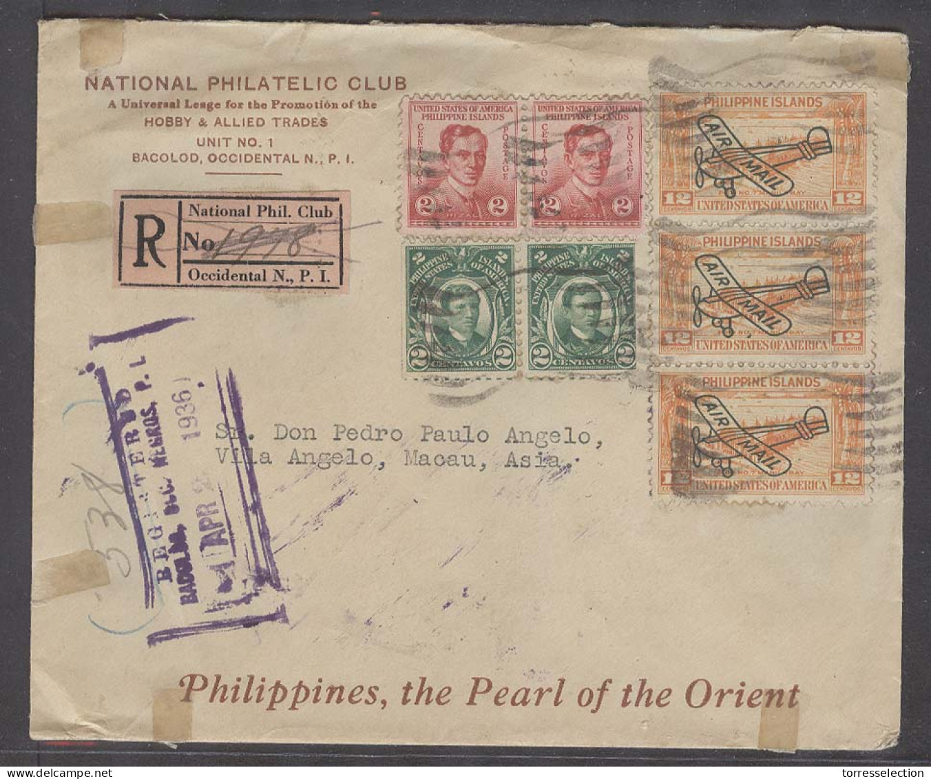 PHILIPPINES. 1936 (28 April). Bacolod Occ, Negros  - Macao, Asia (4 May). Reg Aimultifkd Env Icl Pmk Label Of The Nation - Filipinas