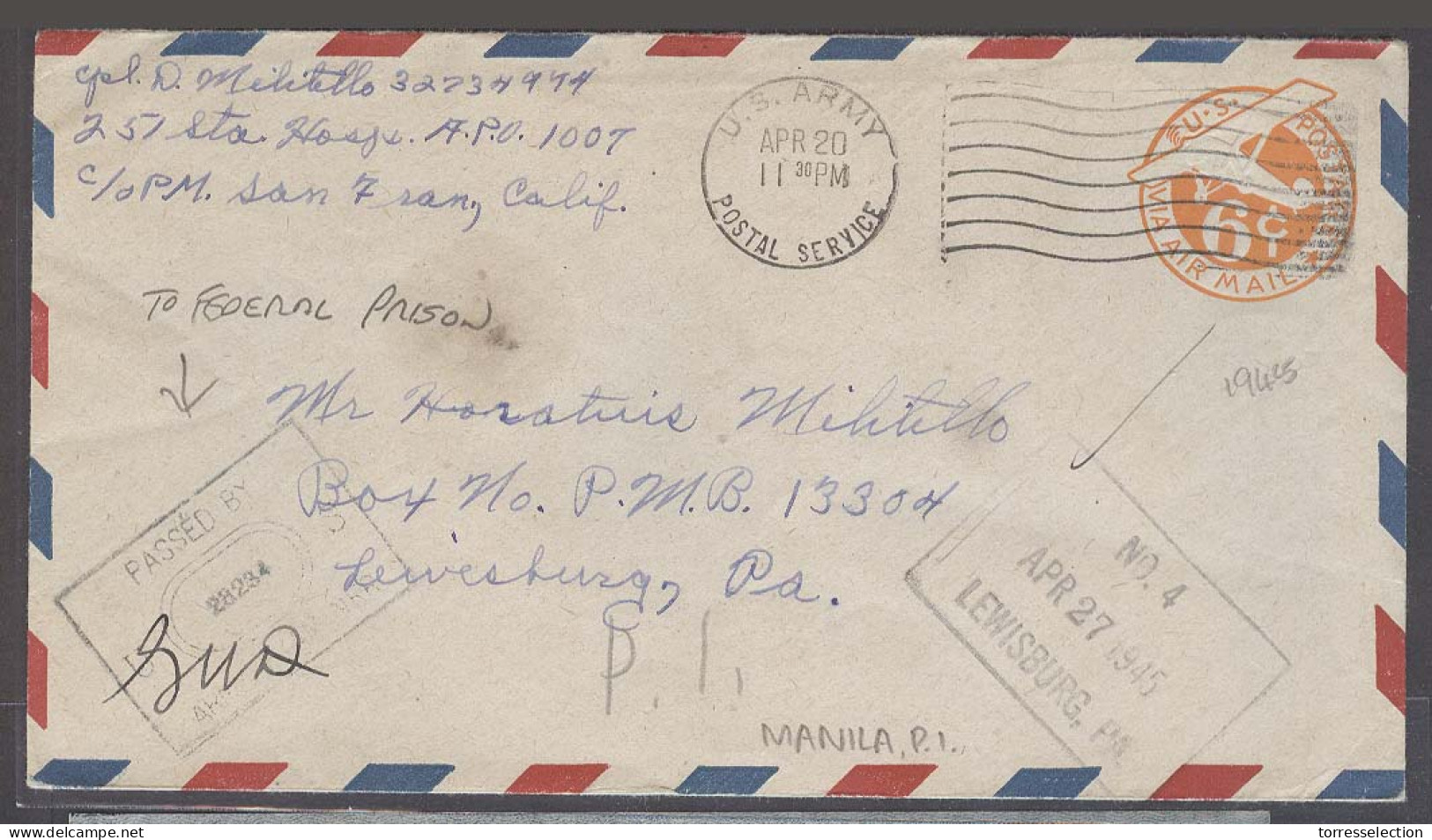 PHILIPPINES. 1945 (20 April). Manila / Apo 1007 - USA / Federal Prison Censored. Air 6c Stat Env Unusual Link. - Filipinas