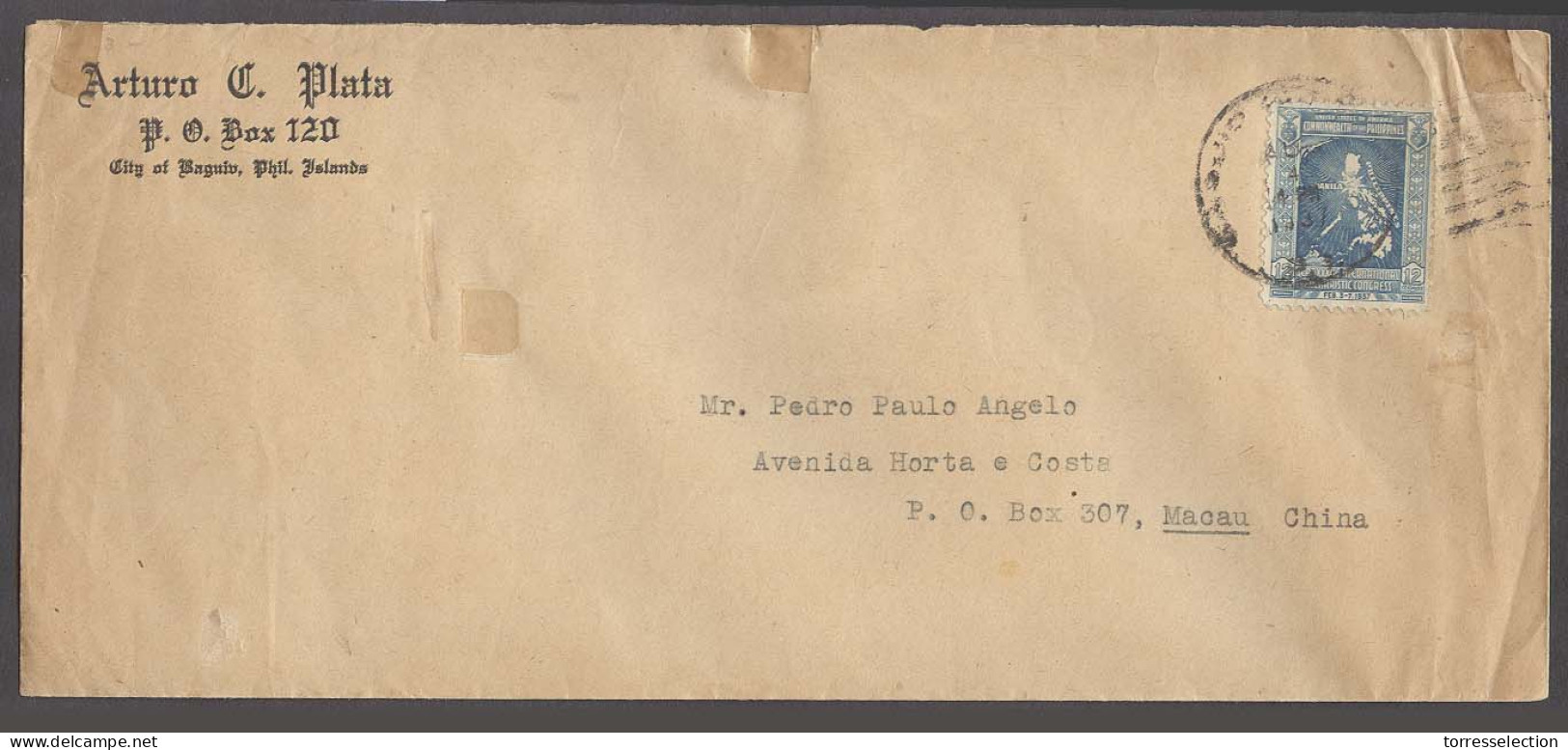 PHILIPPINES. 1937 (4 Aug). Manila - Macau, China (10 Aug). Via HK (9 Aug). Single 12c Fkd Env Better Dest. - Filipinas