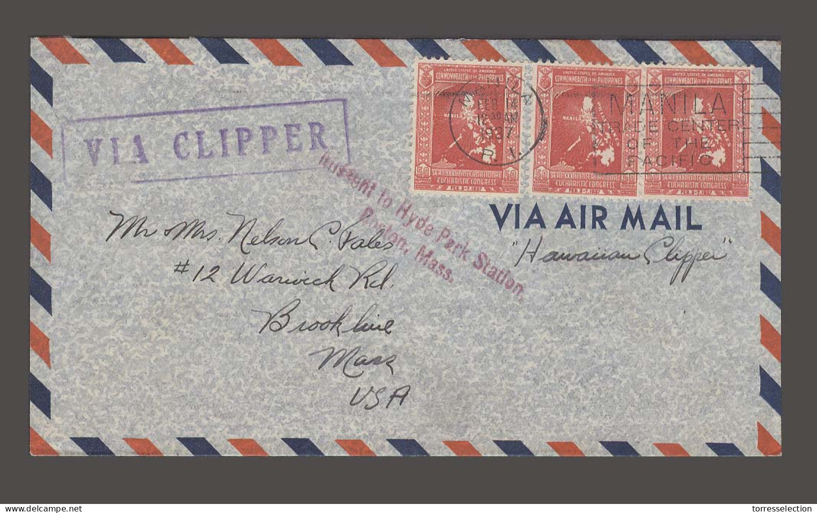 PHILIPPINES. 1937 (14 Feb). Manila - USA (5 March). Air Pacific Clipper Fkd Env. Rate 1 Peso 50c Missent To Hyde Park St - Filipinas