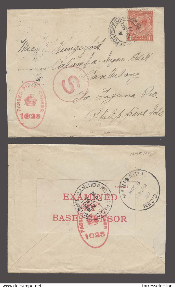 PHILIPPINES. 1917 (15 March). FPO / Army Service Nº 22 (Egypt) - Philippines / Canlubang (8-9 May) 1d Fkd Env Censored.  - Filipinas
