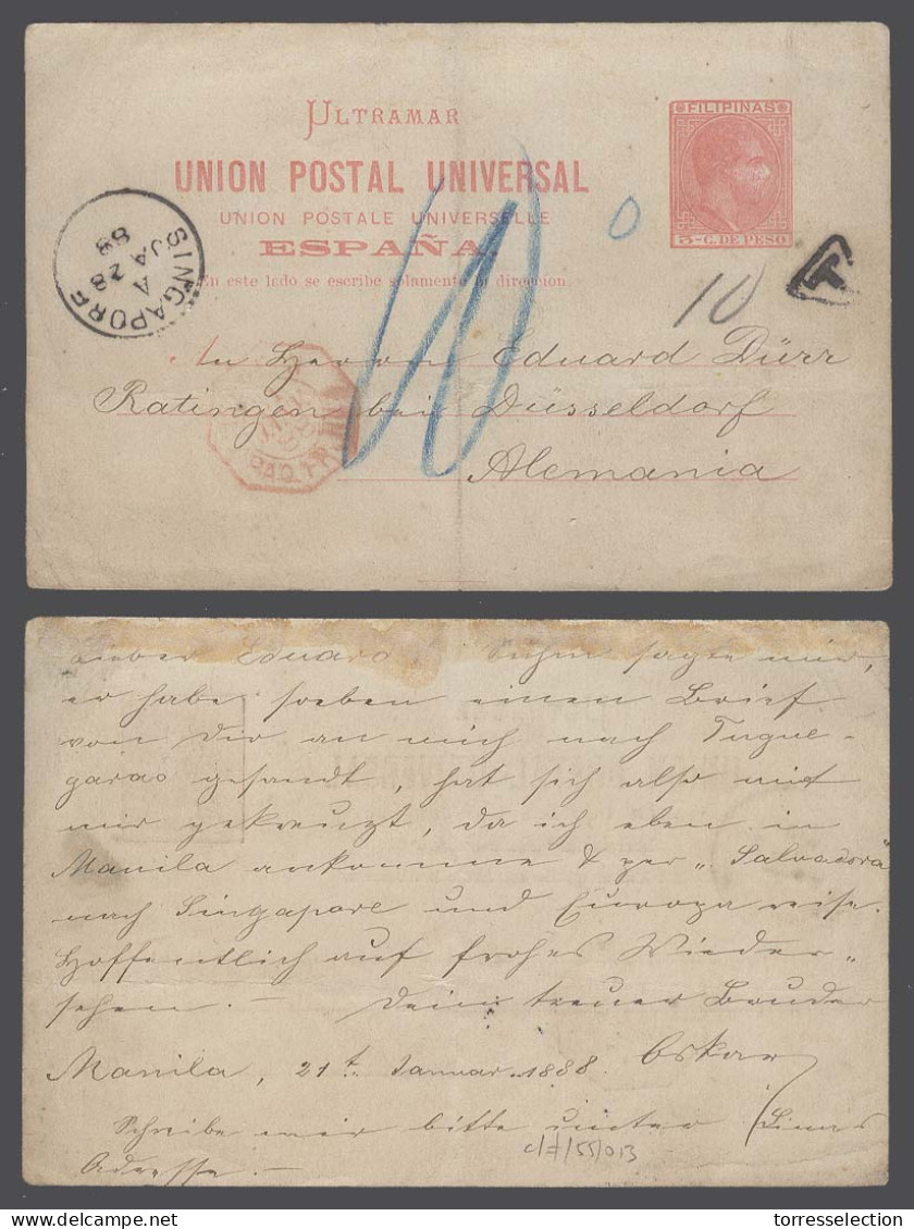 PHILIPPINES. 1888 (21 Jan). Manila - Alemania. 3c Red Stat Card Written At Manila, Posted On A Direct Ship To Singapore  - Filipinas