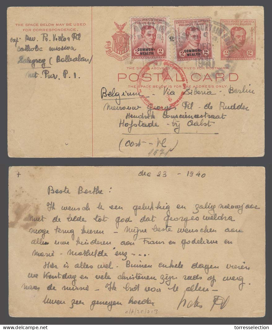 PHILIPPINES. 1940 (23 Dec). Salegreg / Bulialan - Belgium. 2c Red Cream Stat Card + 2 Adtls Via Siberia - Berlin With Na - Filipinas