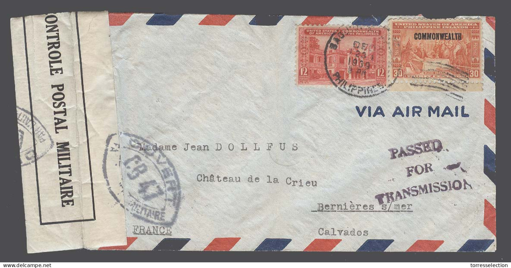 PHILIPPINES. 1939 (23 Dec). Baquio - France (9 Jan 40). Air Fkd Env Via Singapore + Arrival French Censor Label / Tied.  - Filipinas