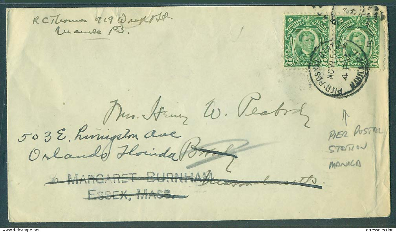 PHILIPPINES. 1929 (15 Nov). Pier - Postal Stat - Manila - USA. Fkd Env. Interesting Cancel. - Filipinas