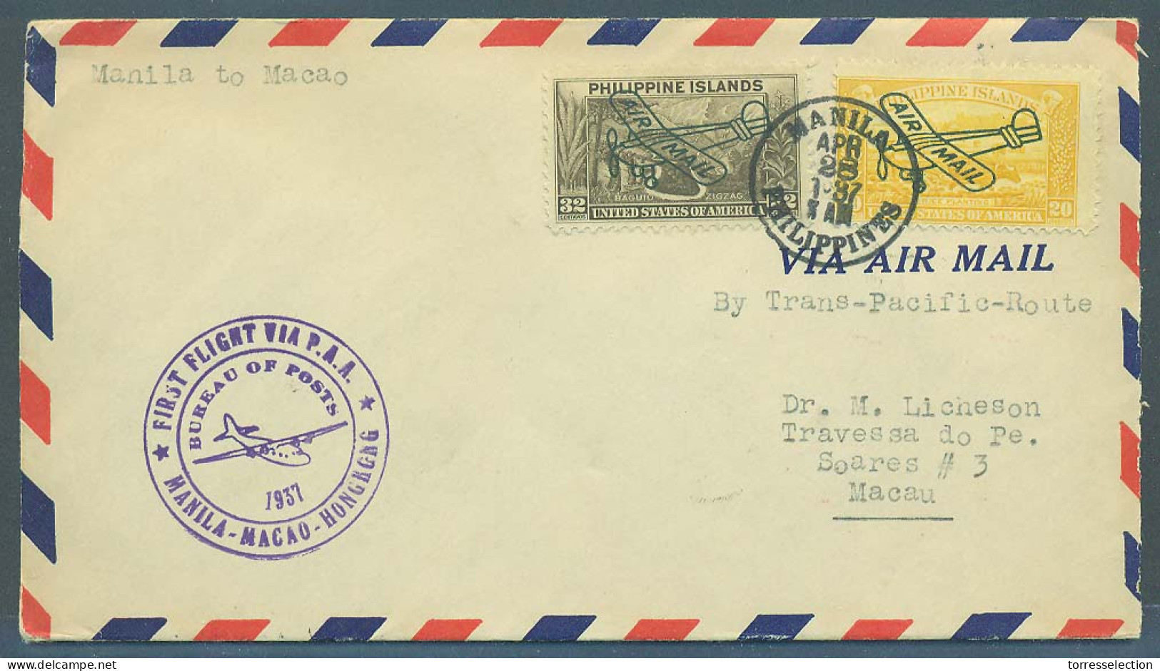 PHILIPPINES. 1937 (28 April). Manila - Macau (28 April). Special Flight Out Going Trip Branch. - Filipinas