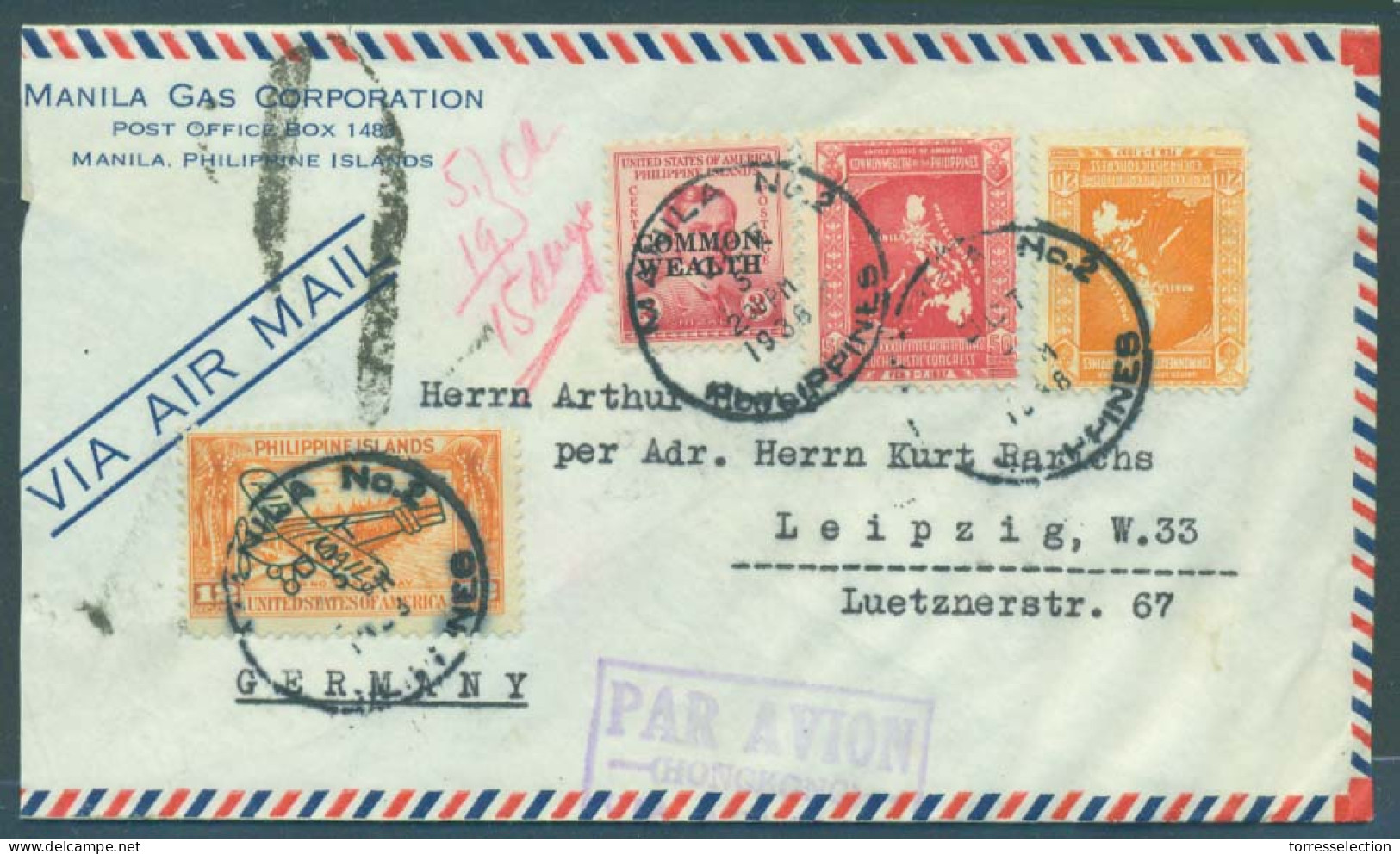 PHILIPPINES. 1938 (5 Oct). Manila Nº2 - Germany (19 Oct). Air Multifkd Env Cachet Par Avion - Hong Kong - Via Air Mail.  - Filipinas