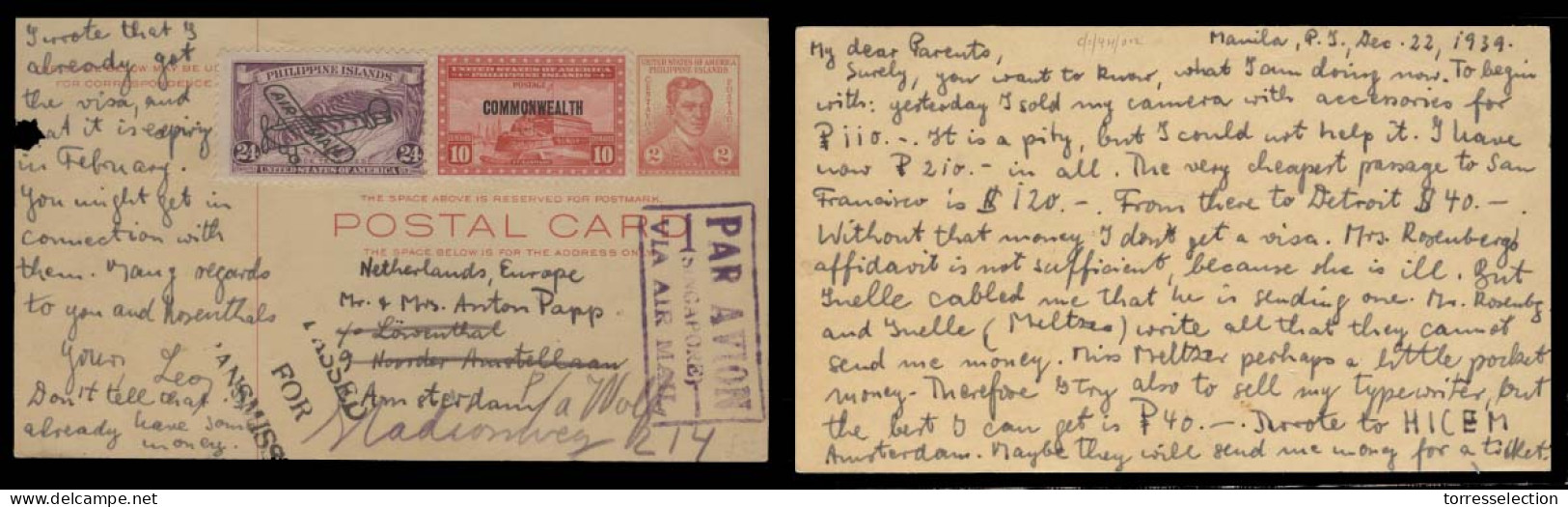PHILIPPINES. 1939 (22 Dec). Manila - Netherlands 2c Red Rose Stat Card + 2 Adtls. Per Airmail Via Singapore Violet Cache - Philippinen