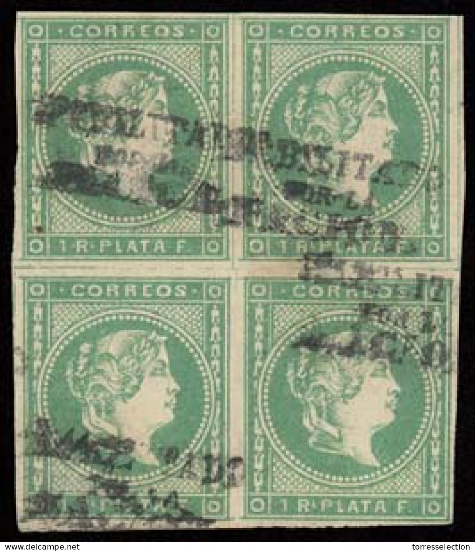 PHILIPPINES. 1869. 20L (4). HPN. 1 Real Verde Esmeralda. Bloque De 4 En Nuevo Sin Goma, Con Sobrecarga En Posicion IRREG - Philippinen