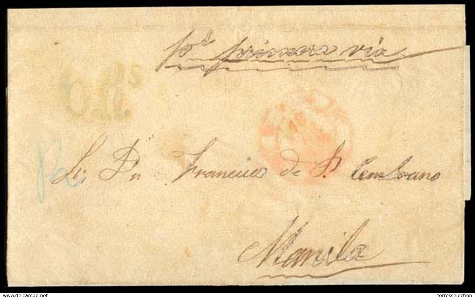 PHILIPPINES. 1850. Cadiz To Manila (7 June). E.with Dep.cds (Cadiz)  And Blue Arrival Charge "6 RS" (xx). Letter Reinfor - Filippine
