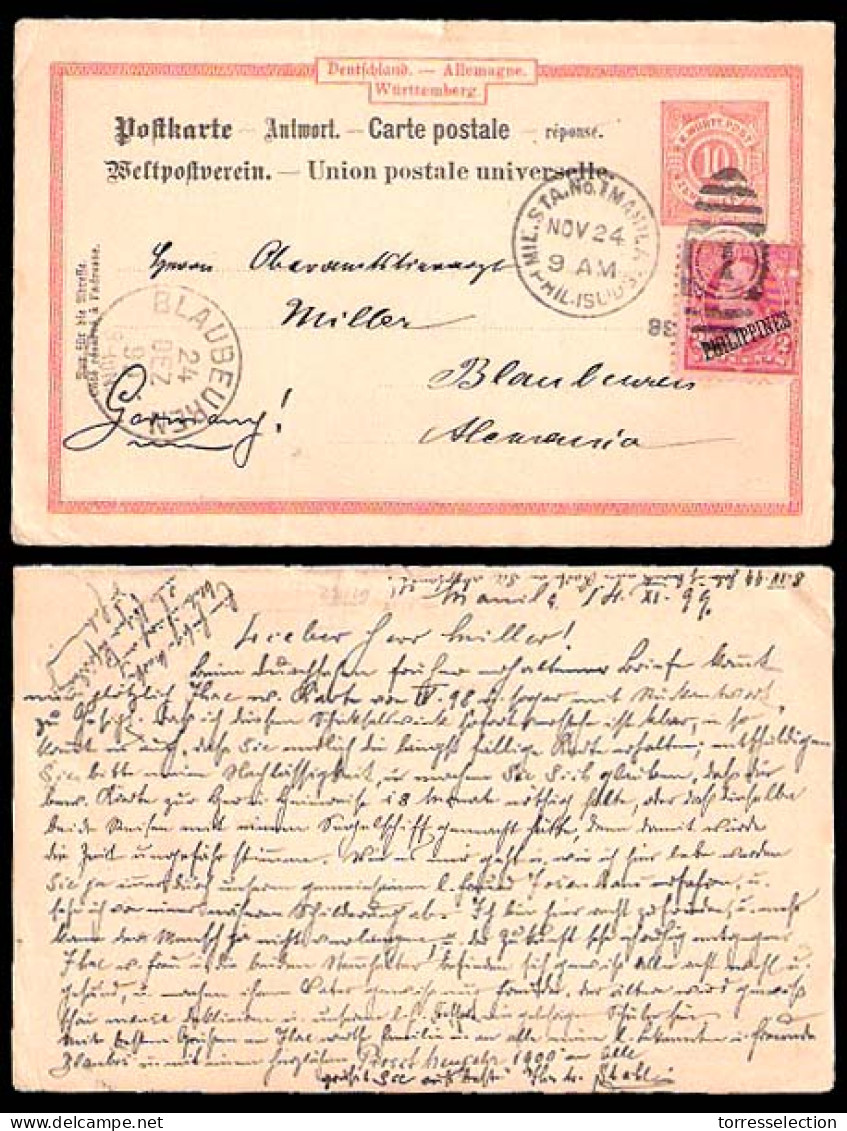PHILIPPINES. 1899 (Nov 24). Manila - Germany (Slovenia). Wurttemberg Reply Stat Card + US Military Sta Nº 1. Franked Wit - Filippine