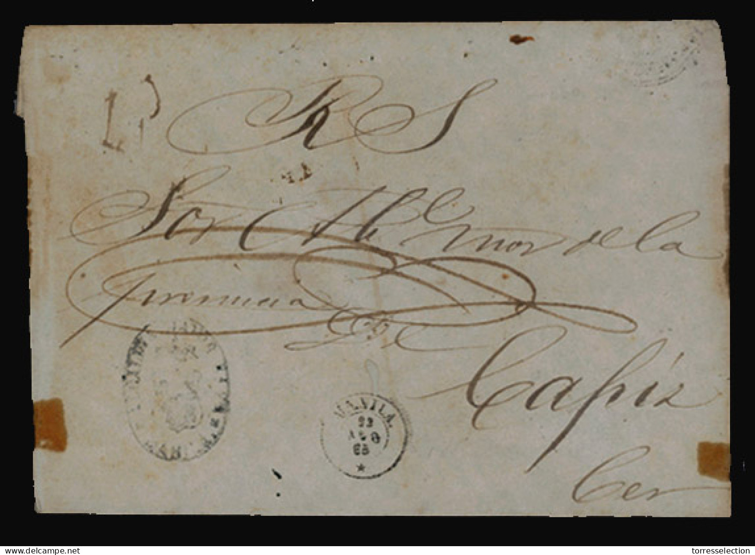 PHILIPPINES. PHILIPPINES. 1865, Aug.23rd. Stampless Official Cover To Capiz, With Black Oval Official Cachet And Endorse - Filipinas