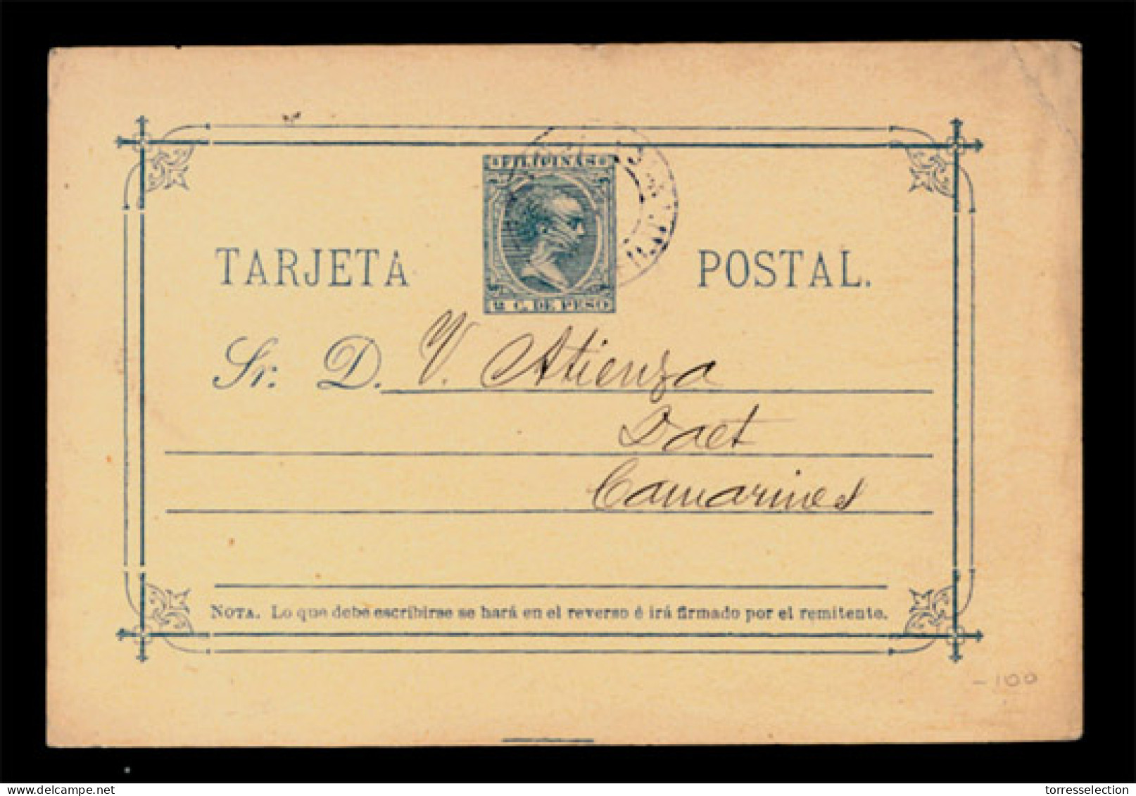 PHILIPPINES. PHILIPPINES. 1896, June 11th. 2c Peso Blue Postal Stationery Card Used To Camarines Cancelled By Blue Manil - Filippine